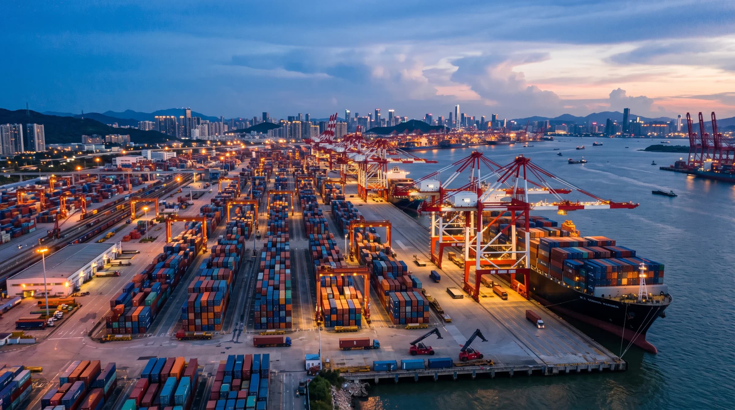 Container port in southern China at sunset